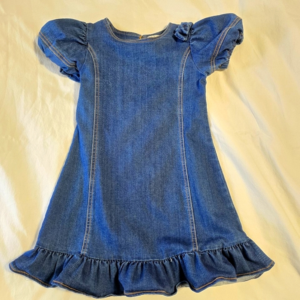 Habitual Denim Dress Girl 6X w ruffles and puff sleeves